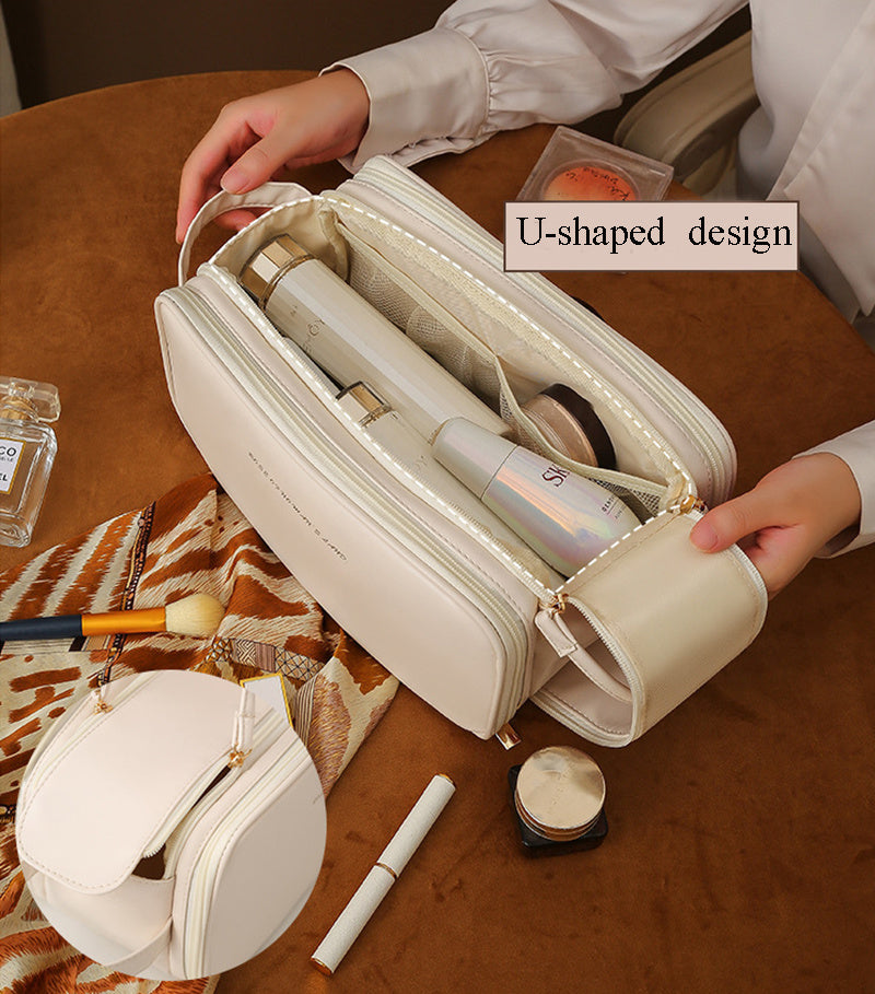 Travel-friendly Multi-layer PU Leather High-Quality Cosmetic Makeup Bag - High-capacity 3-layer cosmetic makeup bag with U-shaped design and double zipper