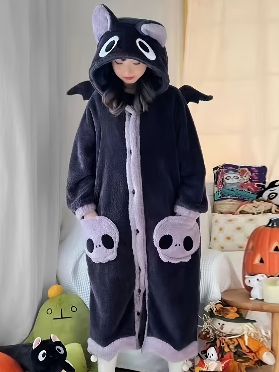 Cute Cartoon Fleece Hooded Night Robe for Women - Cute Cartoon Fleece Hooded Night Robe for Women