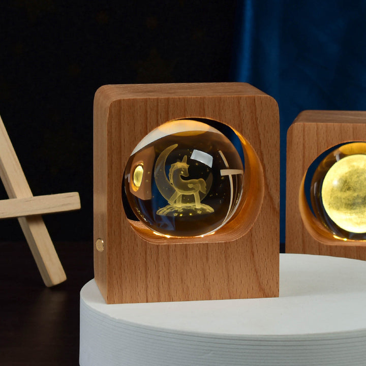 Beech Crystal Ball Night Light 3D Laser Engraving Elk Jellyfish LED Nightlights