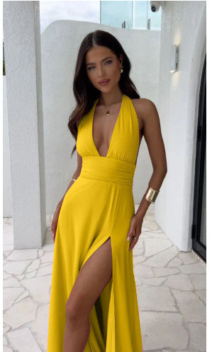Sexy Halterneck V-neck Slit Dress Summer Backless Strappy Skirt Fashion Temperament Clothing Women - Sexy Halterneck V-neck Slit Dress Summer Backless Strappy Skirt Fashion Temperament Clothing Women