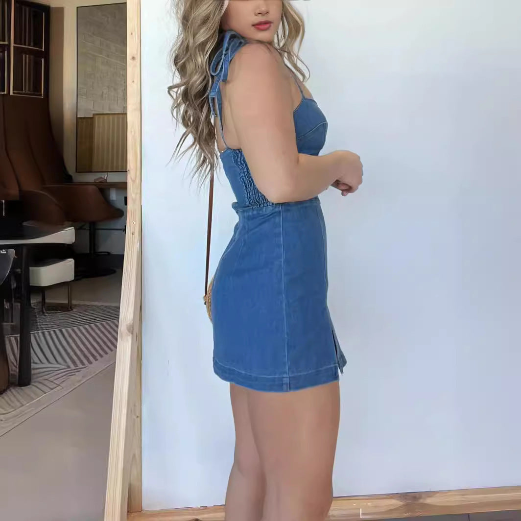 Women's Square Neck Suspender Denim Dress – Summer Split Hem Short Dress with Back Zipper - Women's Square Neck Suspender Denim Dress – Summer Split Hem Short Dress with Back Zipper
